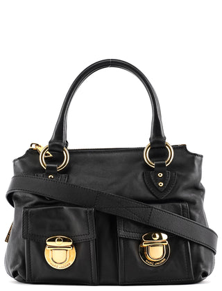 Black Leather Multi-Pocket 2-Way Bag
