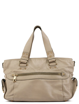 Beige Leather Multi-Pocket Tote Bag