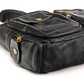 Black Leather Multi-Pocket Shoulder Bag