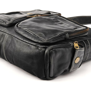 Black Leather Multi-Pocket Shoulder Bag