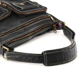 Black Leather Multi-Pocket Shoulder Bag