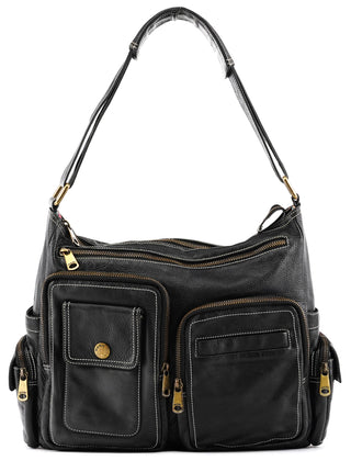 Black Leather Multi-Pocket Shoulder Bag