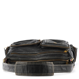 Black Leather Multi-Pocket Shoulder Bag