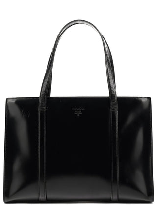 Carolyn Bessette Kennedy Prada 1995 black Spazzolato Sport tote bag, front view with embossed Prada logo