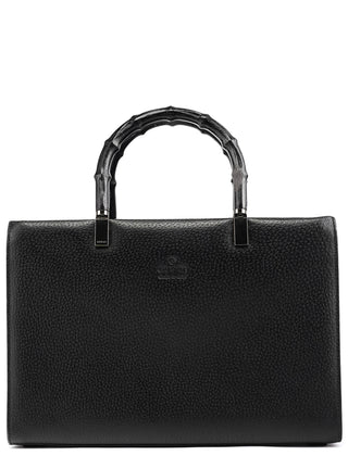 002 1035 Black Leather Bamboo Tote Bag