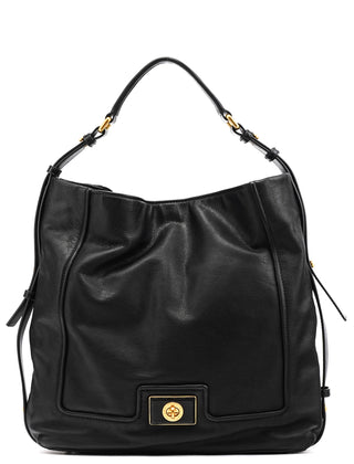 Black Leather Turnlock Hobo Shoulder Bag