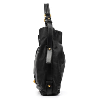 Black Leather Turnlock Hobo Shoulder Bag