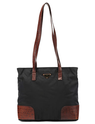 Black Brown Nylon Croc Embossed Tote Bag