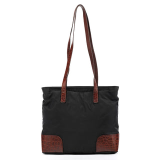 Black Brown Nylon Croc Embossed Tote Bag