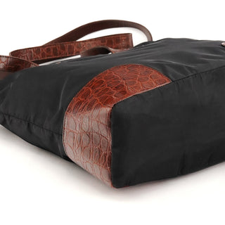 Black Brown Nylon Croc Embossed Tote Bag