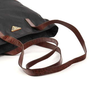 Black Brown Nylon Croc Embossed Tote Bag