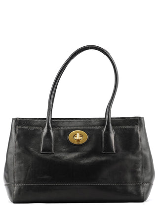 F11554 Black Leather Madeline Turnlock Tote Bag