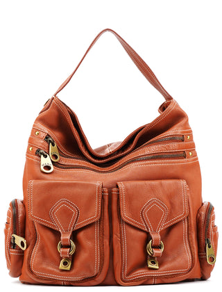 Brown Leather Multi-Pocket Shoulder Bag