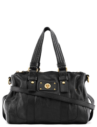 Black Leather Turnlock 2-Way Tote Bag