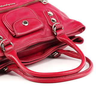 Pink Leather Multi-Pocket Tote Bag