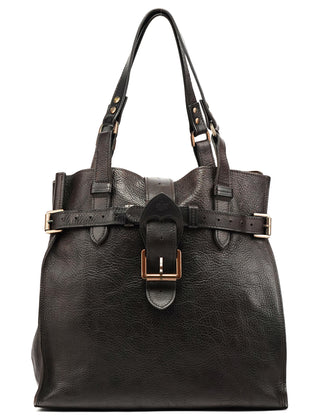 Dark Brown Leather Buckle Tote Bag