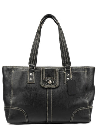 F13960 Black Pebbled Leather Turnlock Tote Bag
