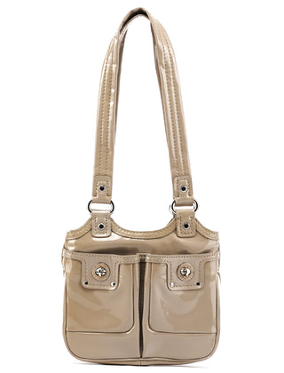 Greige Patent Leather Multi-Pocket Tote Bag