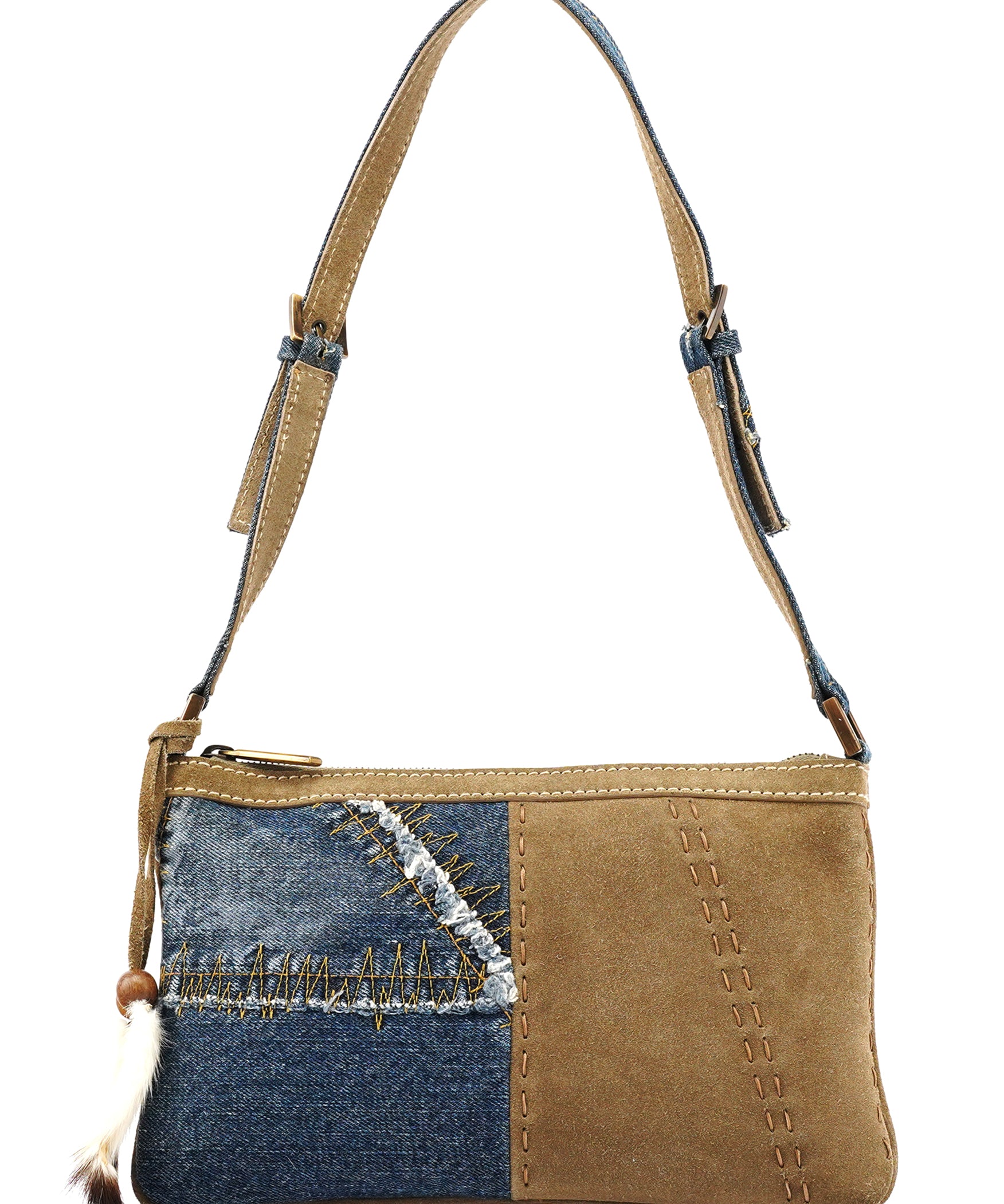 Printemps 2002 Sac porté épaule patchwork en denim et daim bleu et beige