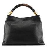 110177 Borsa a spalla in pelle nera con manico in legno ritorto