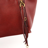 Burgundy Leather Side Zip Tassel Tote Bag