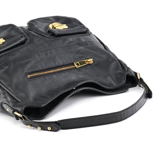 Black Leather Multi Pocket Hobo Shoulder Bag
