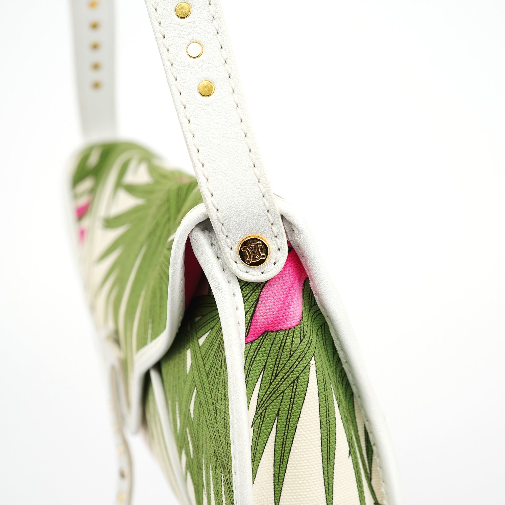 Celine 2004 White Hibiscus Print Canvas Shoulder Bag