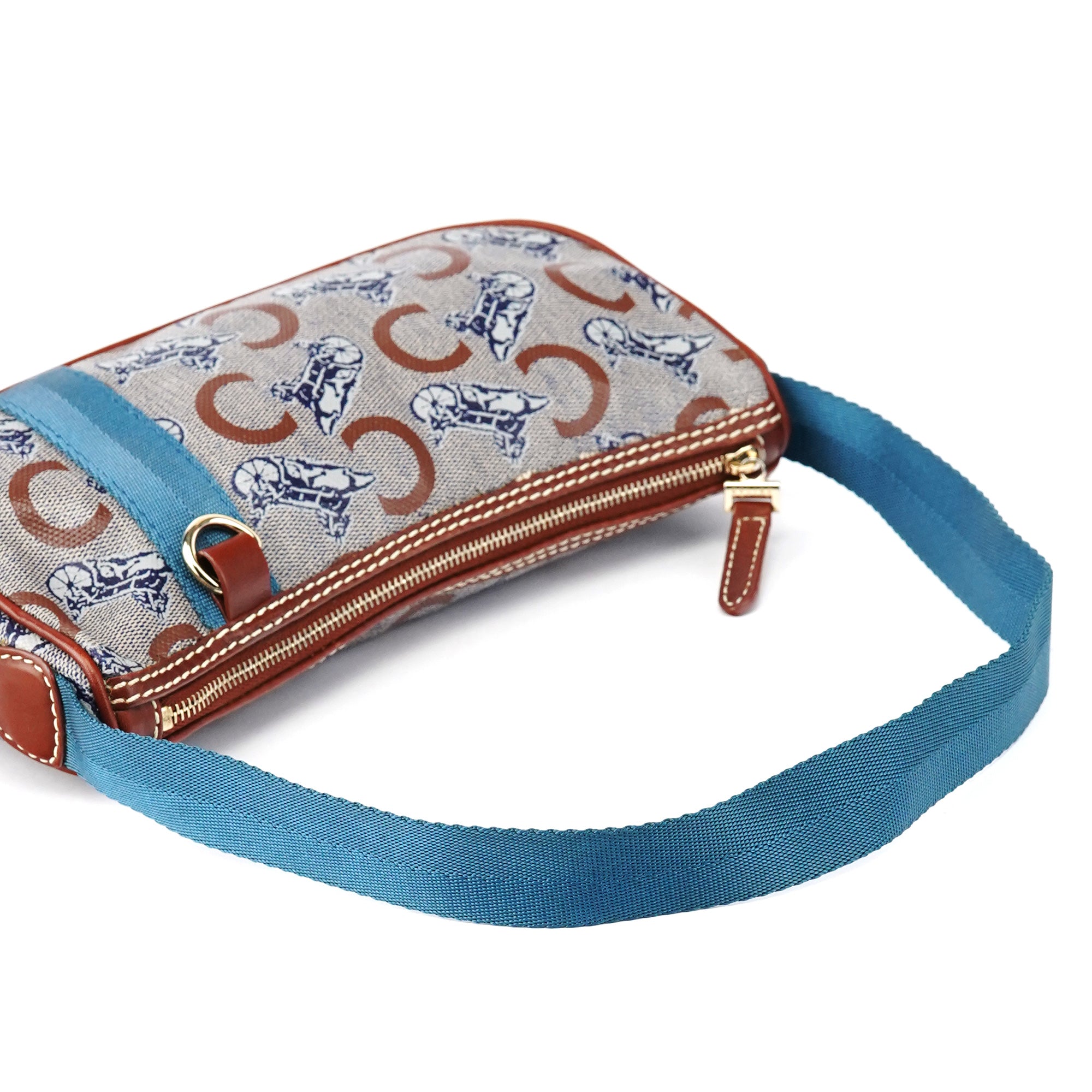 Celine Mini sac hobo en toile enduite beige et bleue