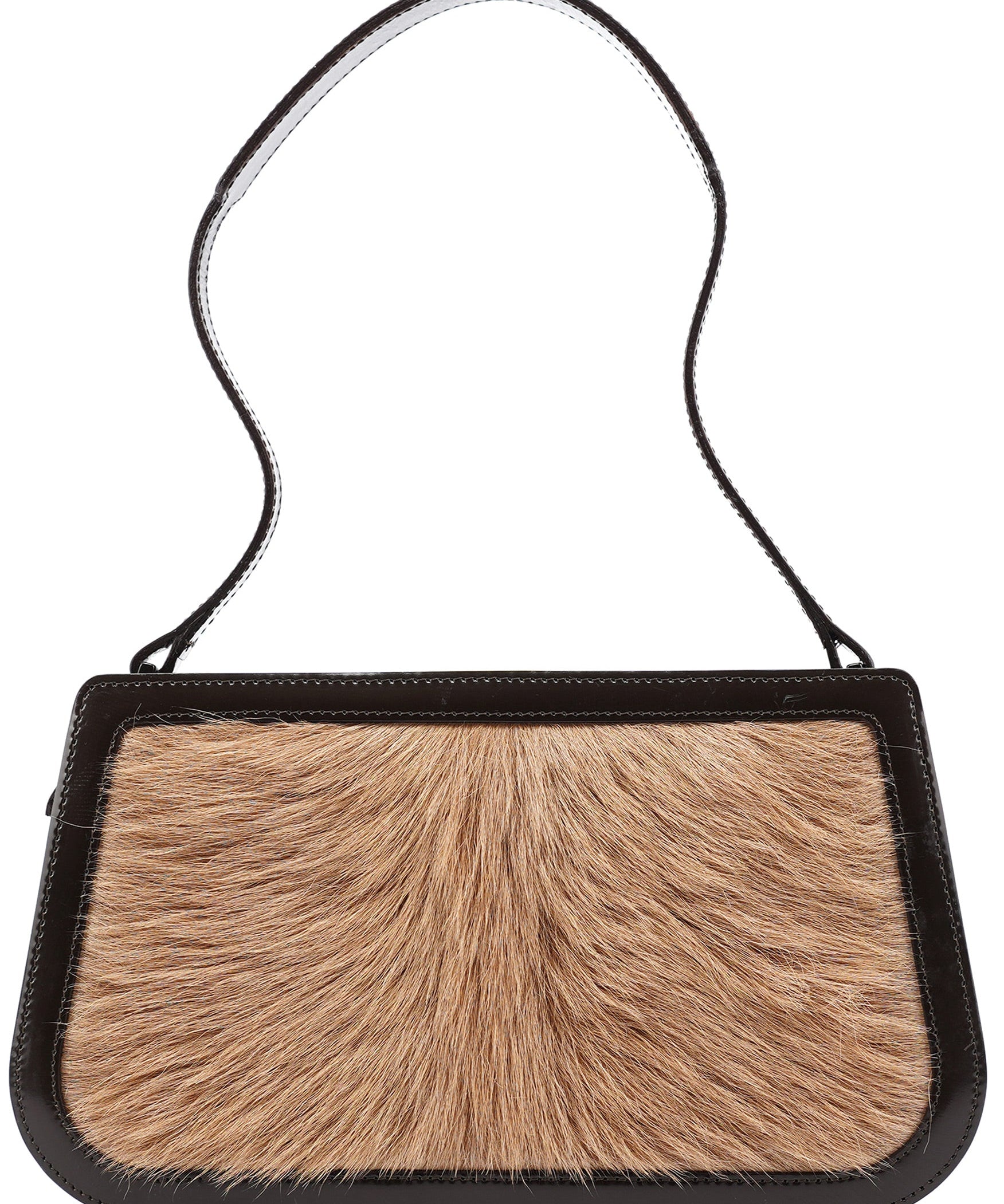 Celine Sac porté épaule en fourrure beige et cuir verni marron