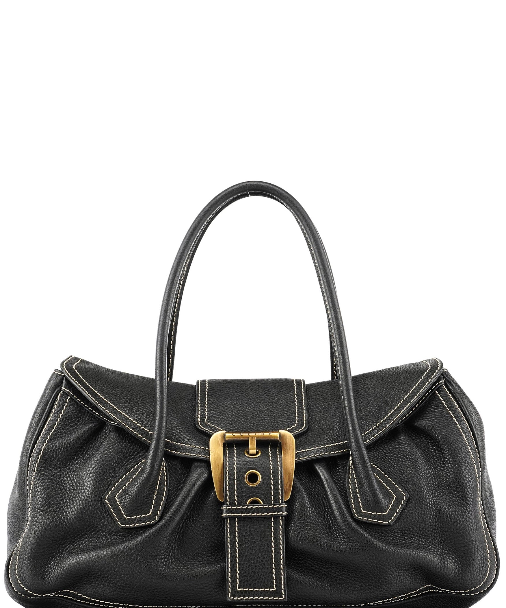 Celine Tote Bag mit Gürteldetail aus schwarzem genarbtem Leder