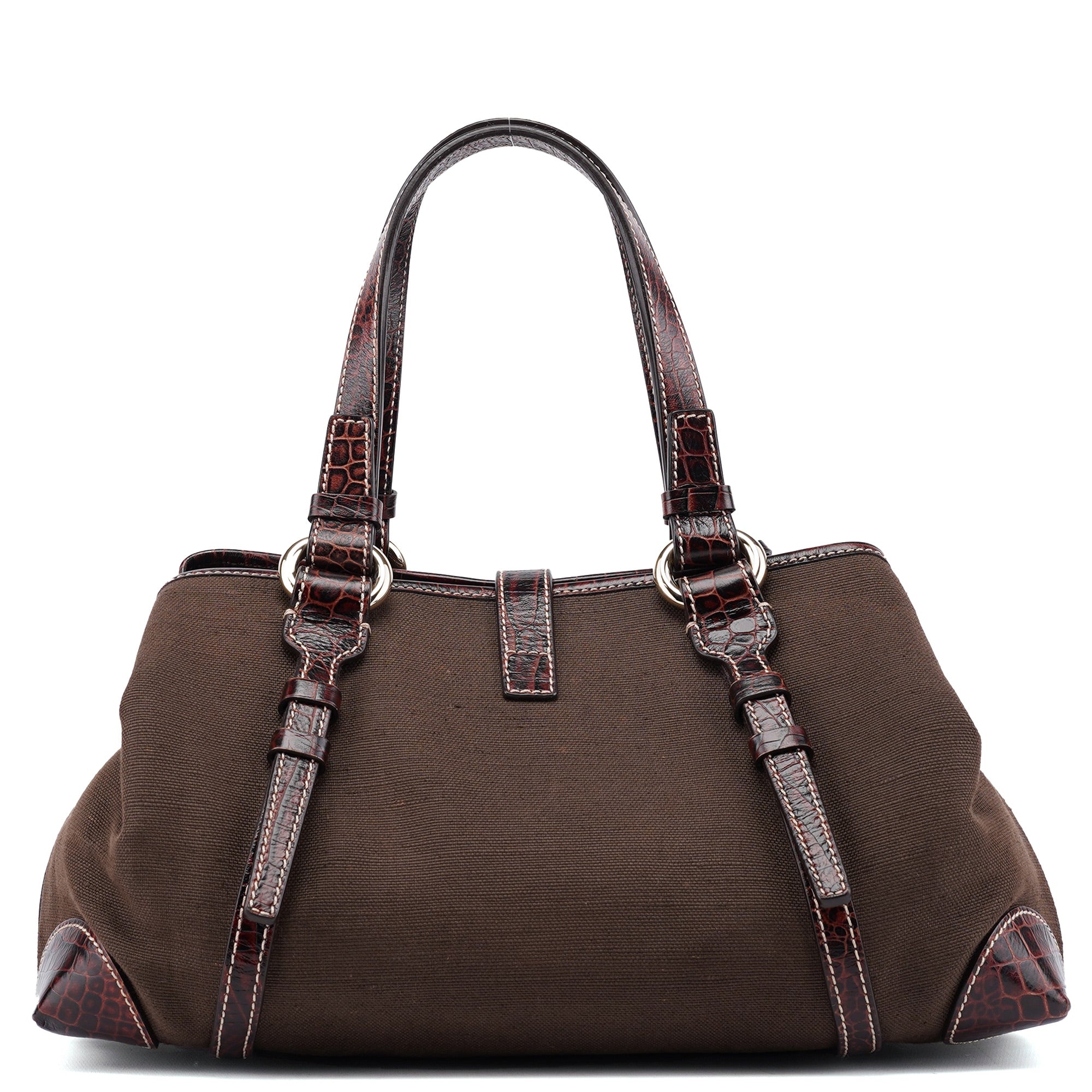 Celine Borsa tote in tela marrone con pelle stampa coccodrillo