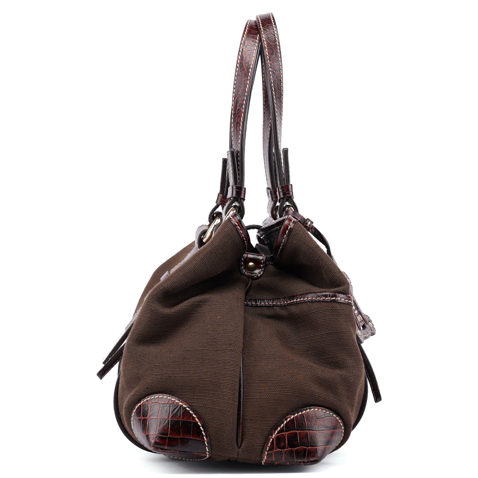 Celine Borsa tote in tela marrone con pelle stampa coccodrillo