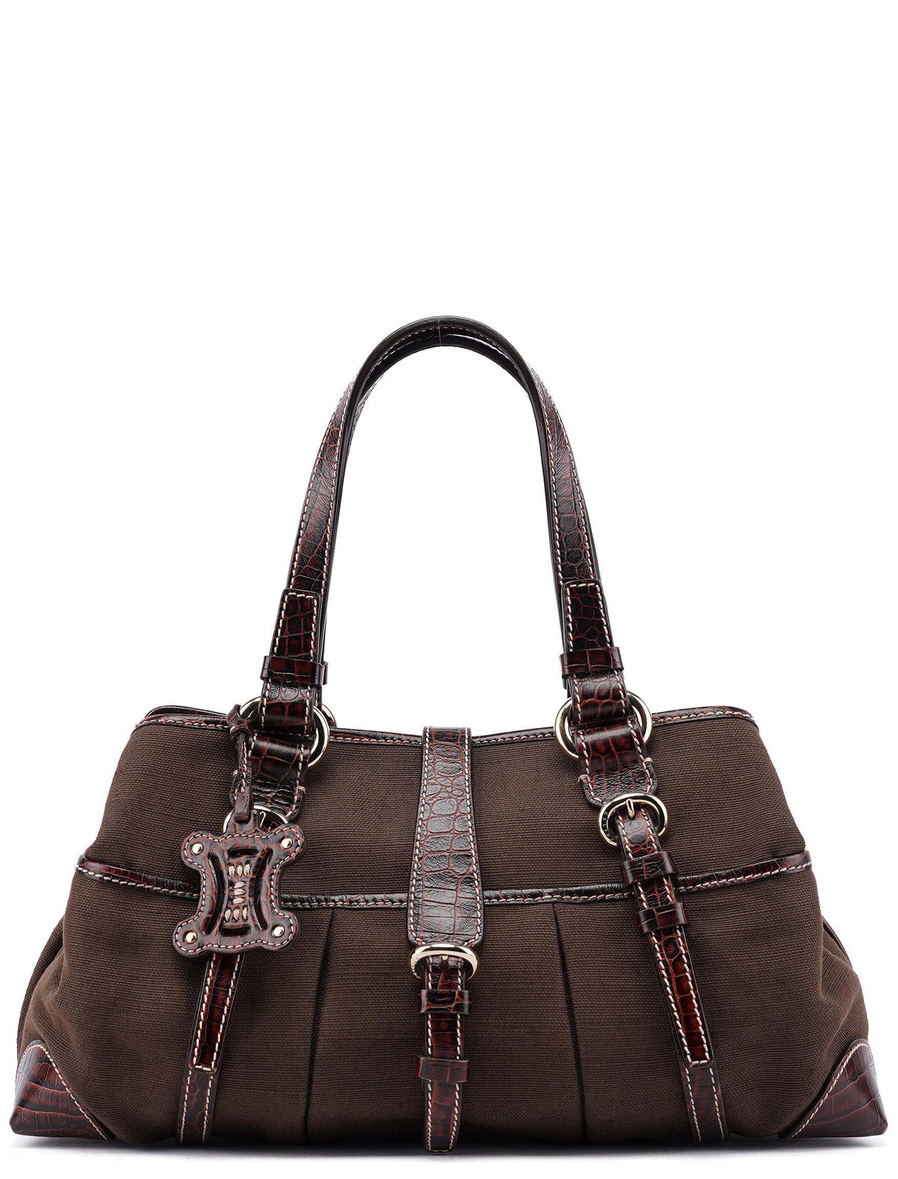 Celine Borsa tote in tela marrone con pelle stampa coccodrillo