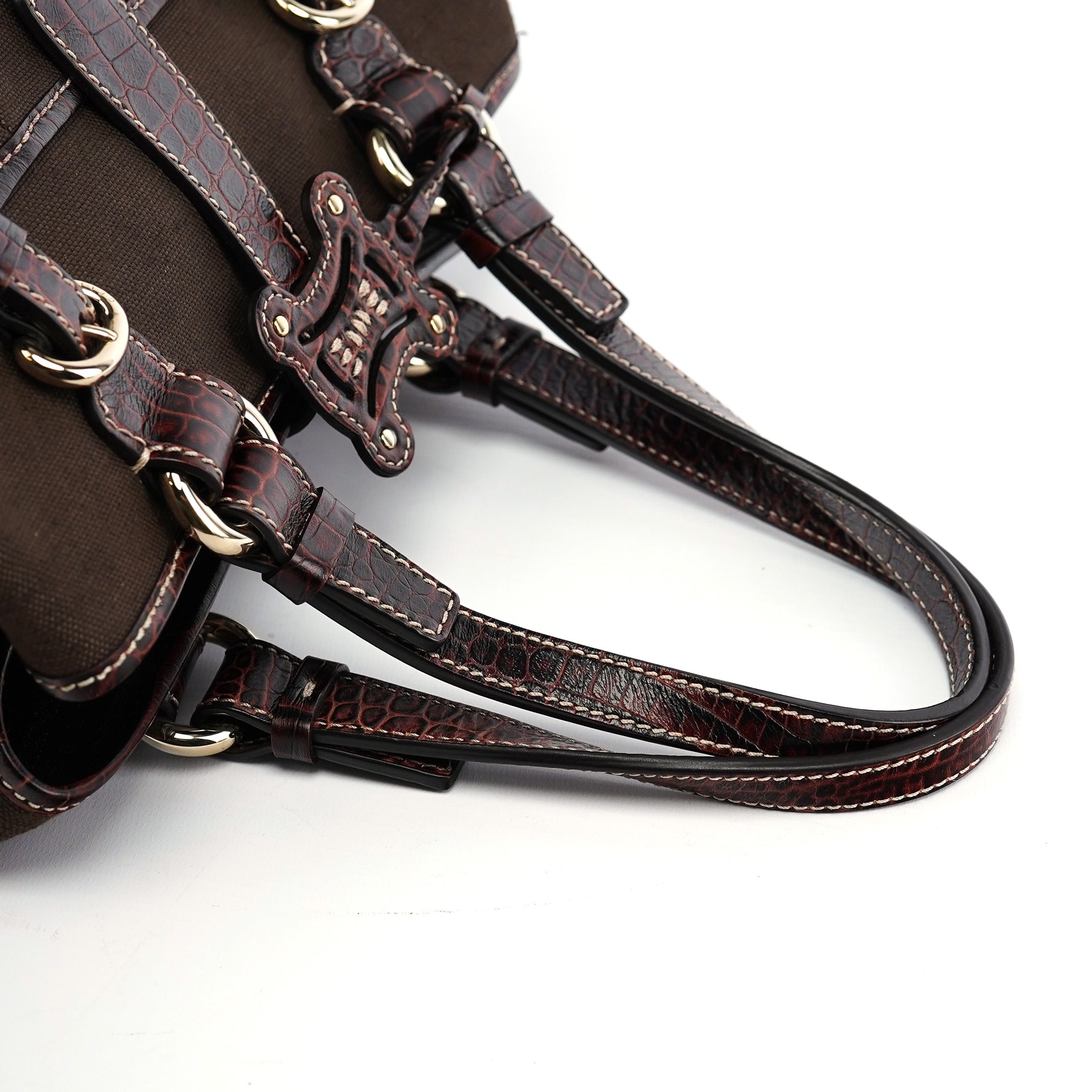 Celine Borsa tote in tela marrone con pelle stampa coccodrillo