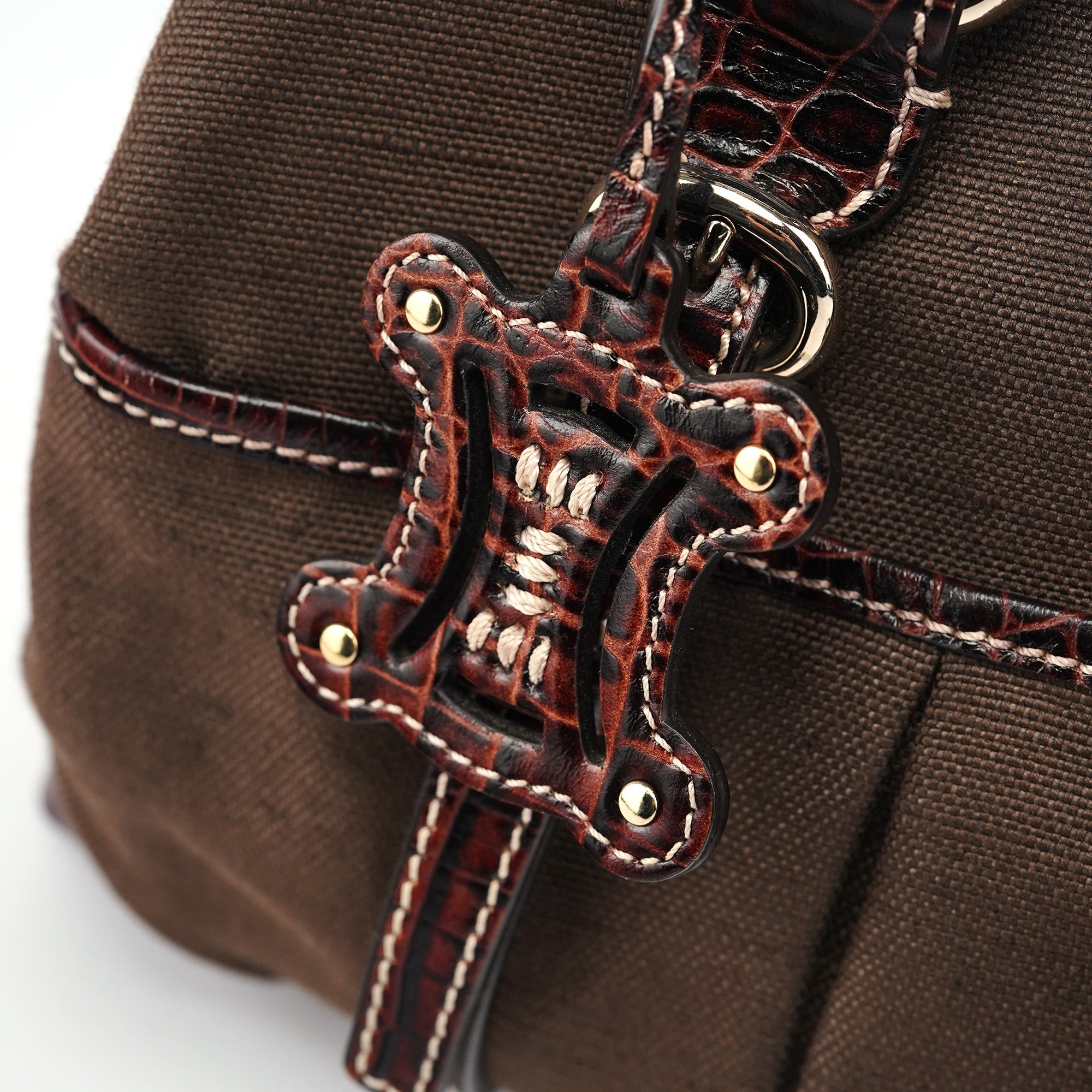 Celine Borsa tote in tela marrone con pelle stampa coccodrillo