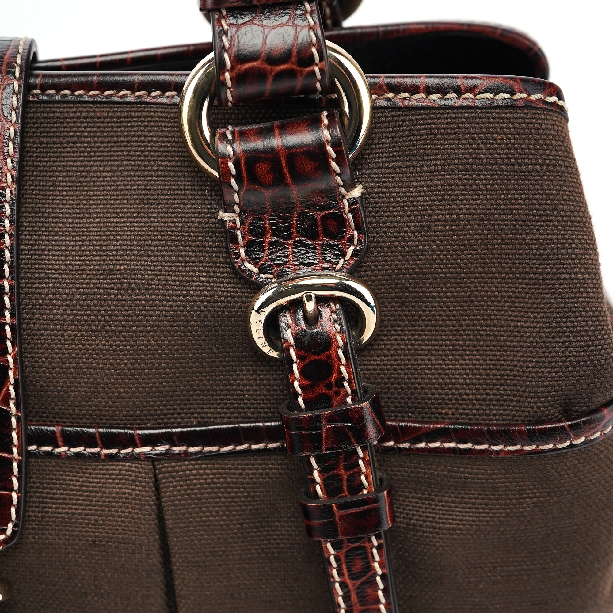 Celine Borsa tote in tela marrone con pelle stampa coccodrillo