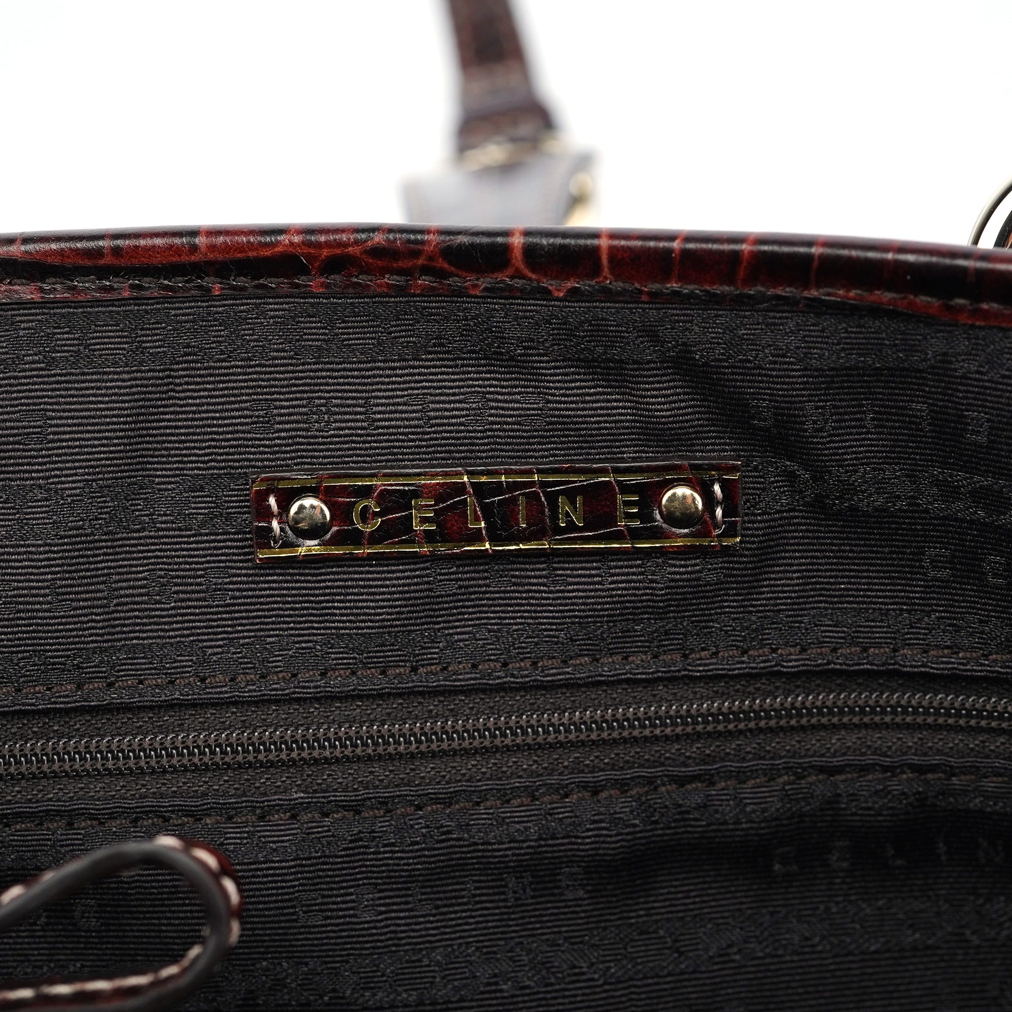 Celine Borsa tote in tela marrone con pelle stampa coccodrillo