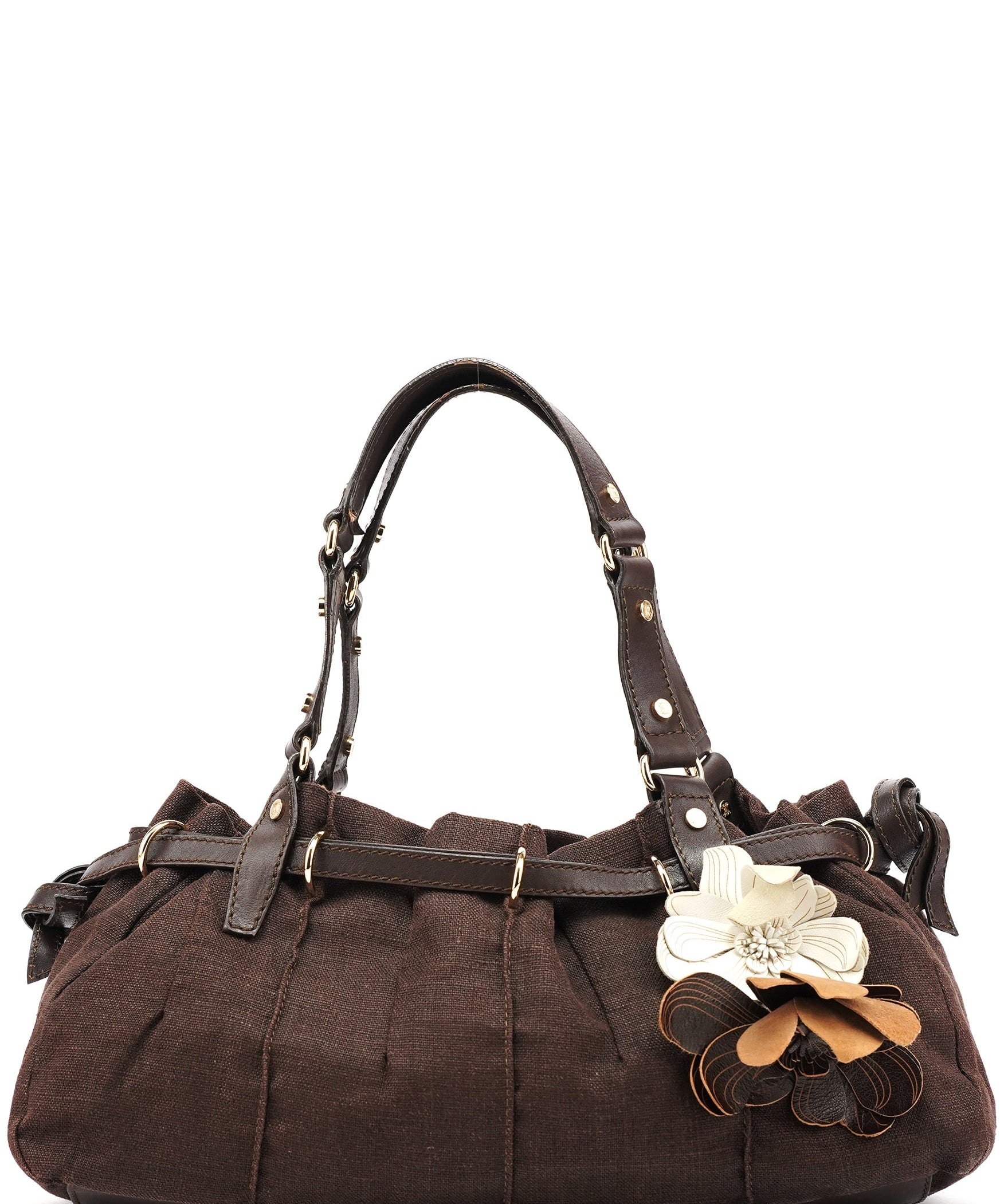 Celine Borsa tote in tela e pelle marrone con applicazioni floreali