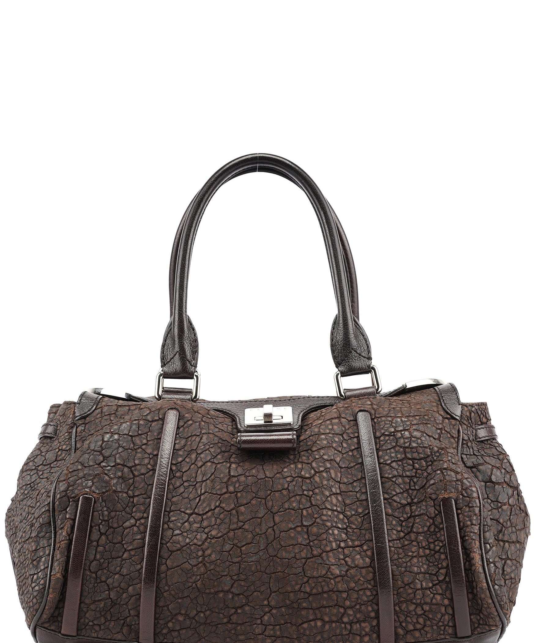 Celine Tote Bag mit Drehverschluss aus braunem Craquelé-Leder