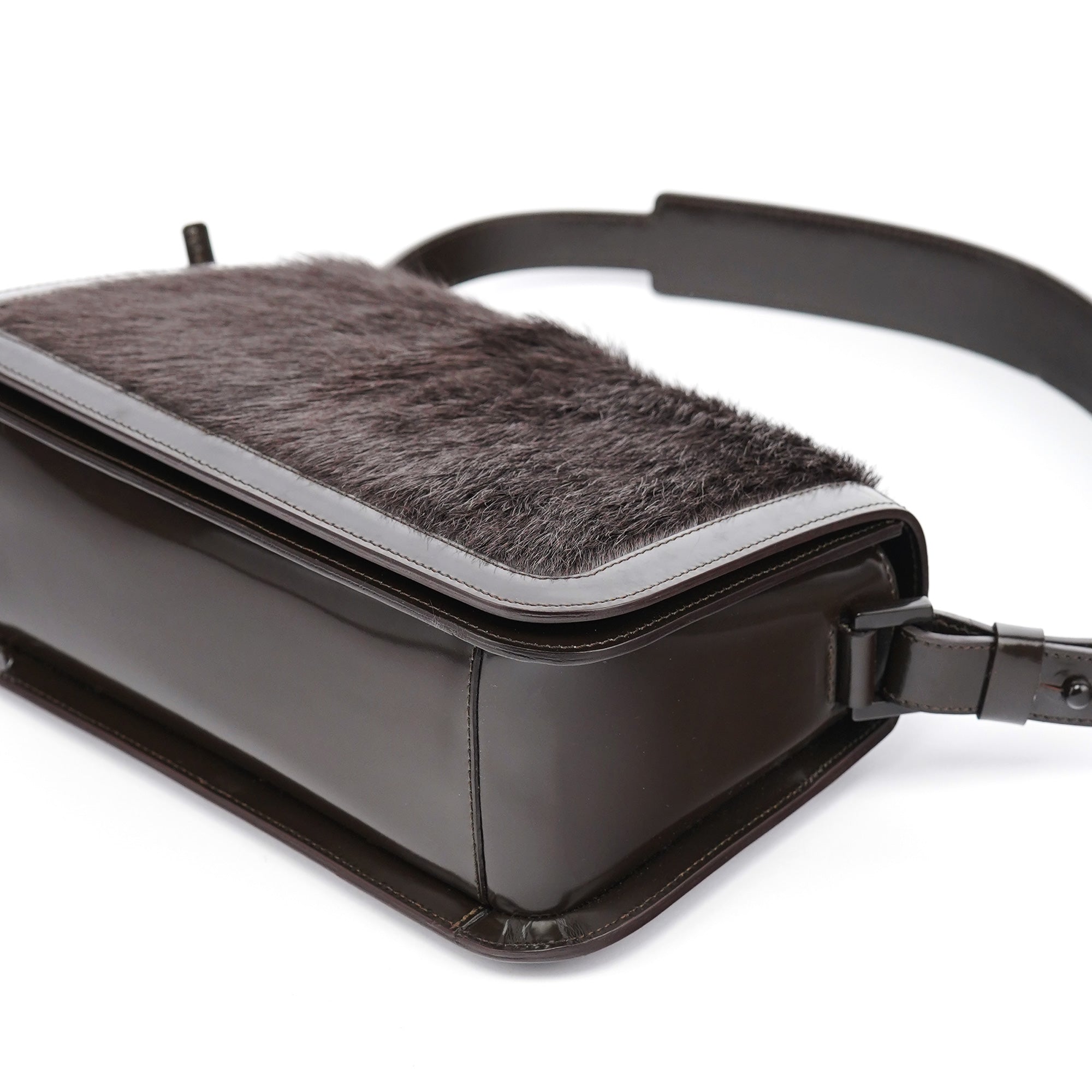 Celine Brown Fur Patent Leather Shoulder Bag
