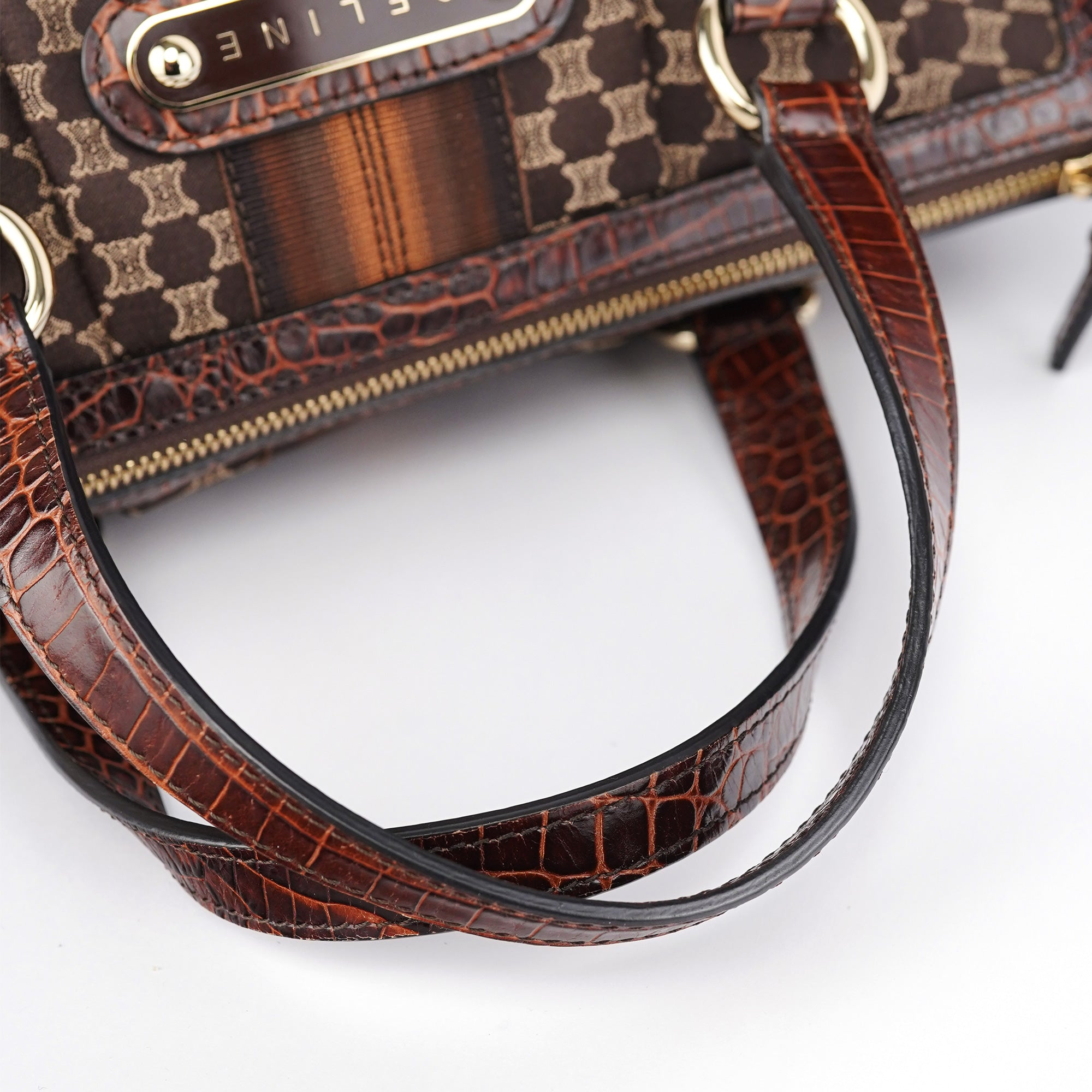 Celine Brown Monogram Croc Embossed Tote Bag