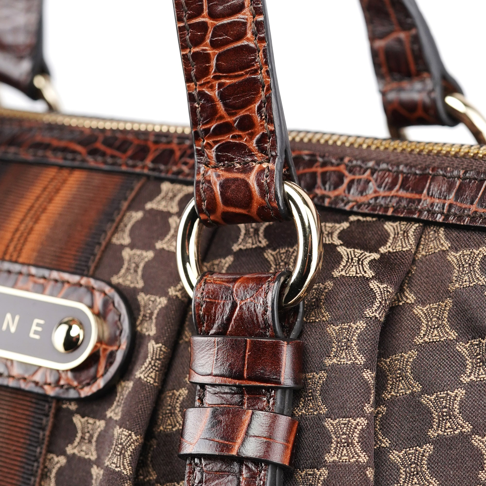 Celine Brown Monogram Croc Embossed Tote Bag