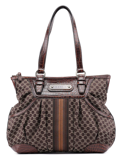 Celine Brown Triomphe CC Croc Embossed Tote Bag