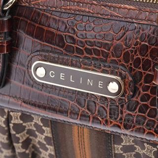 Celine Brown Triomphe CC Croc Embossed Tote Bag