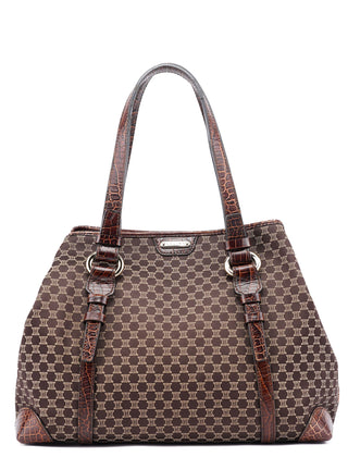 Celine Brown Triomphe CC Croc Embossed Tote Bag