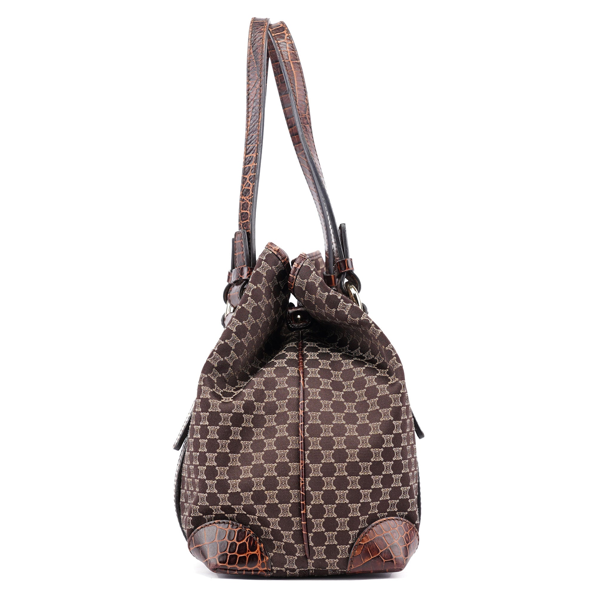 Celine Brown Triomphe CC Croc Embossed Tote Bag