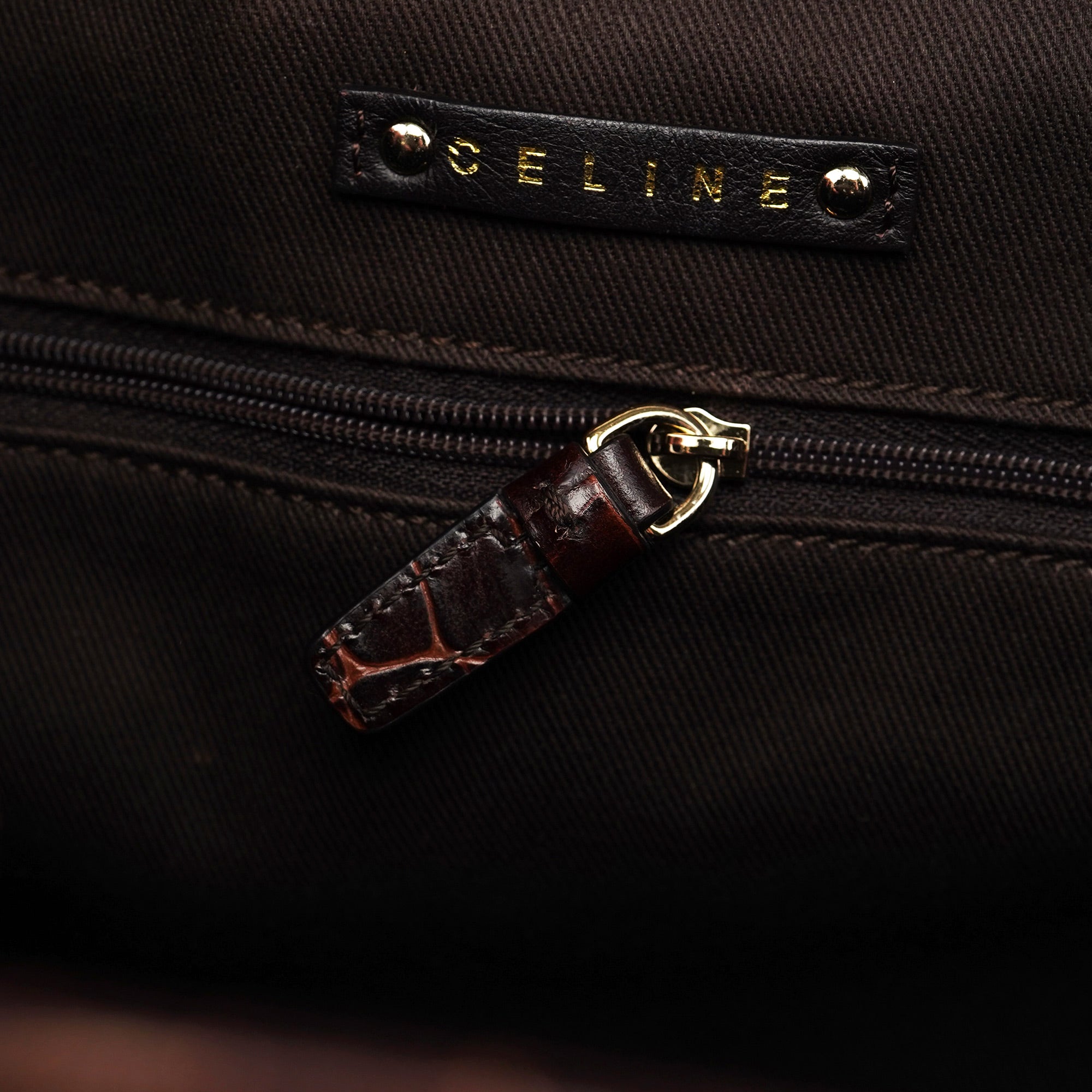 Celine Brown Triomphe CC Croc Embossed Tote Bag