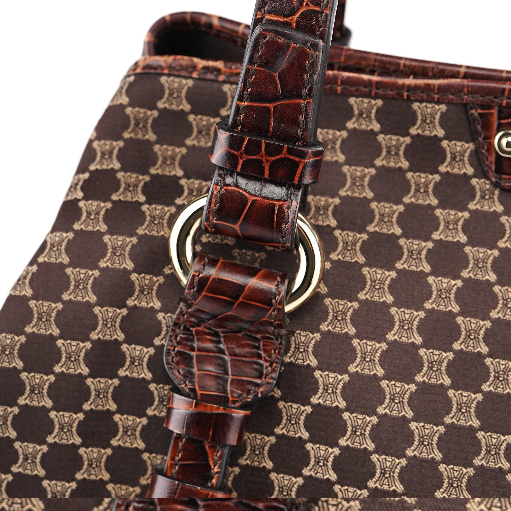 Celine Brown Triomphe CC Croc Embossed Tote Bag