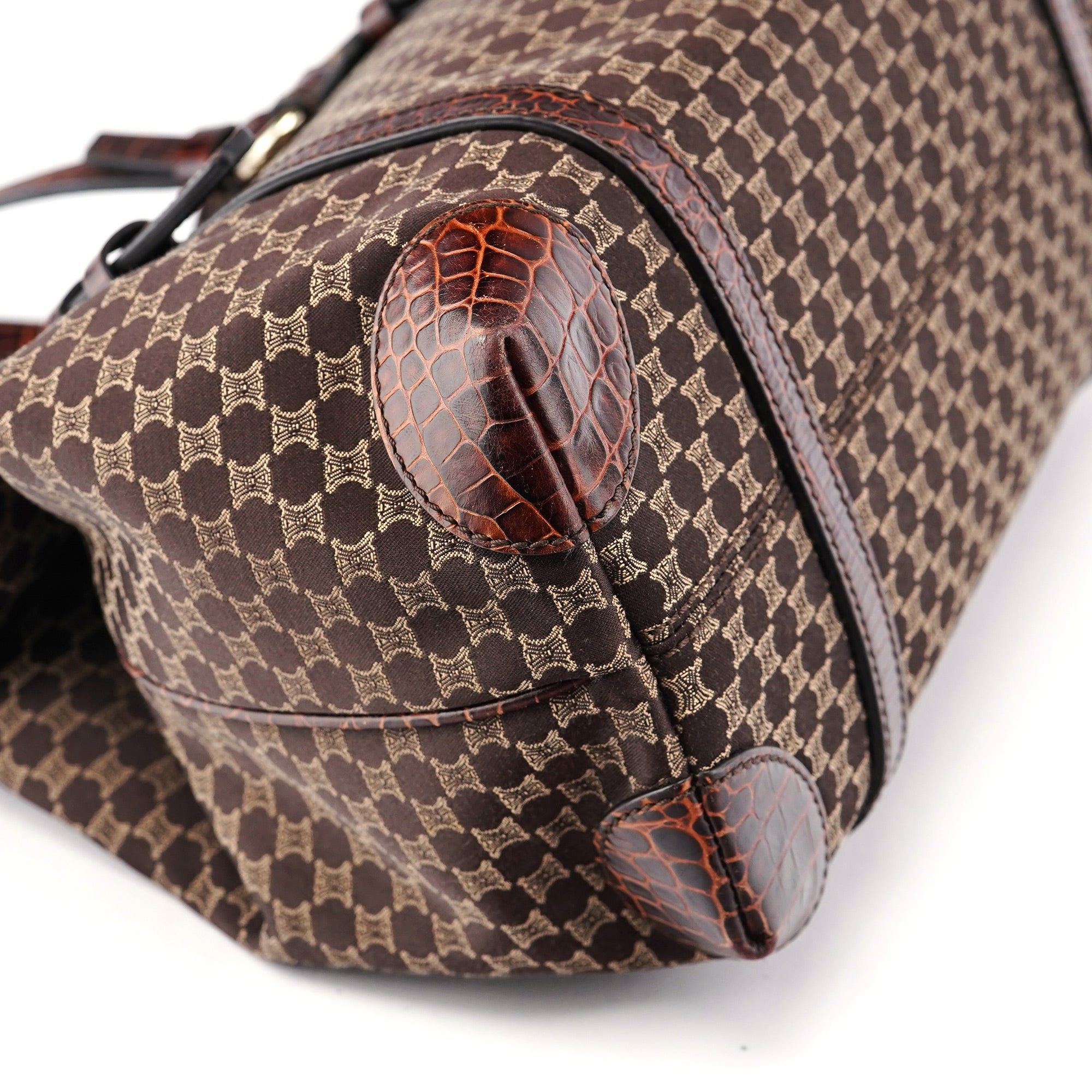 Celine Brown Triomphe CC Croc Embossed Tote Bag