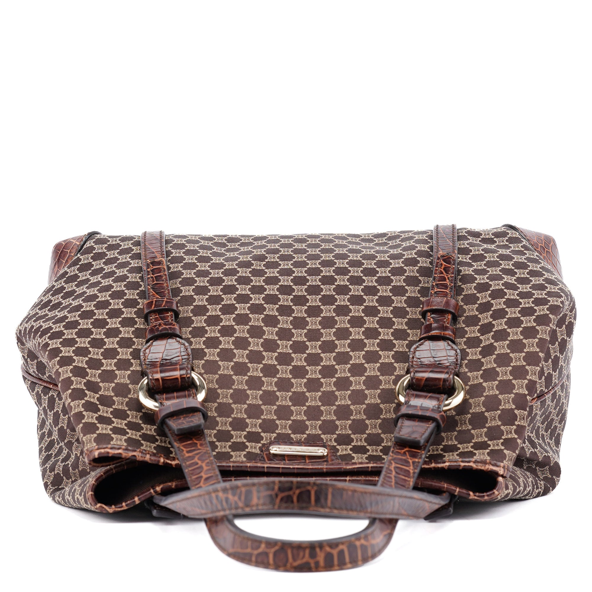 Celine Brown Triomphe CC Croc Embossed Tote Bag